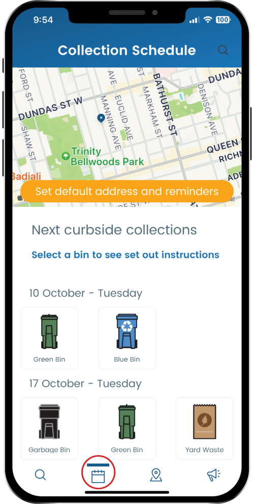 A screenshot of the app with text that reads, "Next curbside collection. Select a bin to see set out instructions" 