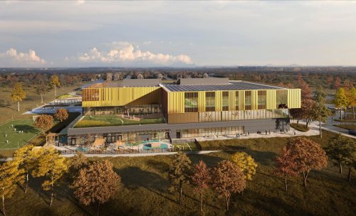 Digital rendering of community centre with playground, sports facilities and greenery.