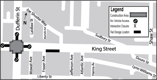Map of work area along King Street West between Dufferin Street and Shaw Street. Please contact Mark De Miglio at mark.demiglio@toronto.ca or 416 395 7178 for more information.