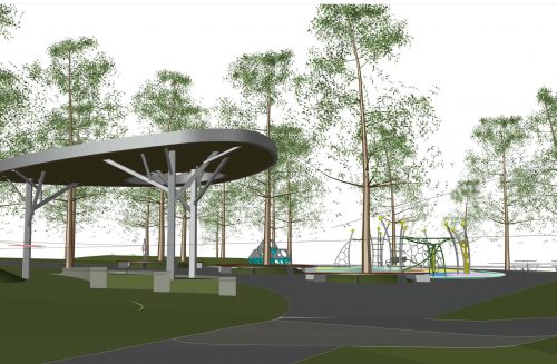 The image shows a rendering of the new park looking west towards the play area, showing the new proposed residential development, tree planting, and proposed shade structure in the background.