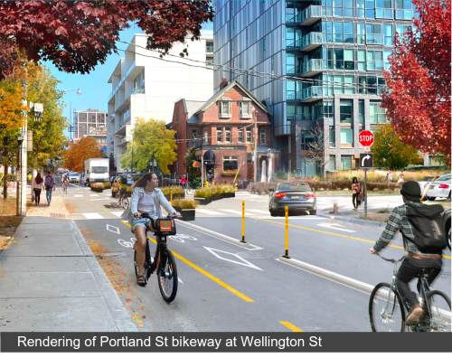 Artistic rendering of the proposed bikeway at Portland and Wellington. Cycle track runs along the west side of the street. Planters act as a traffic diverter at the centre of the intersection. Text band across the bottom of the image reads “Rendering of Portland St bikeway at Wellington St” 