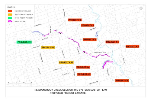 Project map for Newtonbrook creek with the location of 11 proposed projects.