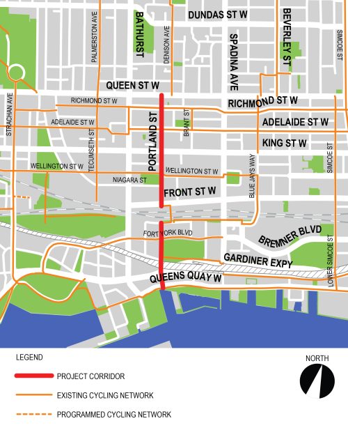 Map of downtown Toronto from the waterfront to north of Queen Street and from Lower Simcoe to Strachen Avenue. The map describes the existing cycling network, programmed cycling network and the project corridor along Portland Street, across the Puente de Luz bridge and down Dan Leckie Way.