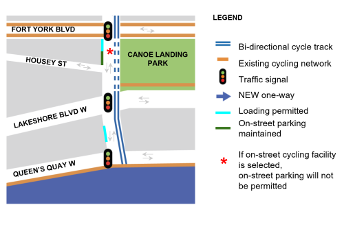 Map of proposed changes on Dan Leckie Way from Fort York Boulevard to Queen’s Quay.