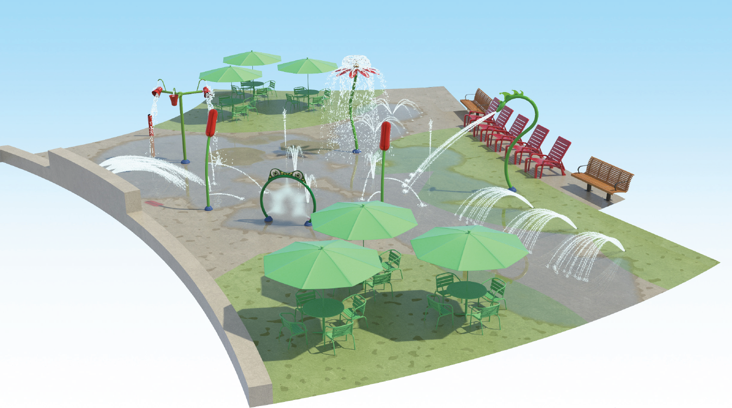 A rendering of the final splash pad design for Pelmo Park, looking to the north. From the lower-left to the upper-right, it includes new concrete walkway, a seating area with umbrella picnic tables. The splash pad is illustrating direction water jets, with a frog feature spray hoop, two cattail water feature uprights, tall water bucket dump feature, a concrete wall that spills out water jets, a flower and serpent water upright features. In the foreground, additional seating and umbrella picnic tables are shown.