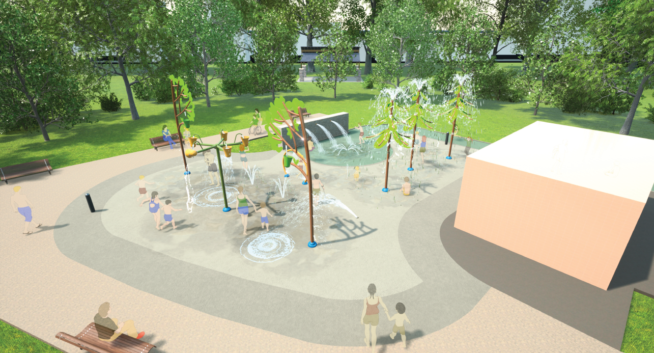 A rendering of the final splash pad design for Maple Leaf Park, looking to the southwest. From the lower-left to the upper-right, it includes new concrete walkway with seating, the splash pad is illustrating direction water jets, with tall water bucket dump feature and four tree water upright features. In the foreground, a concrete water wall is shown which spills into a shallow water channel with spray jets.