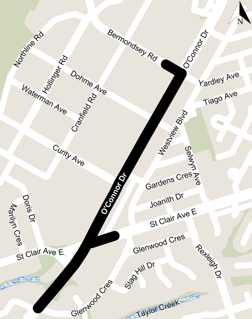 Map of work area along O'Connor Drive between Glenwood Crescent and Bermondsey Road.