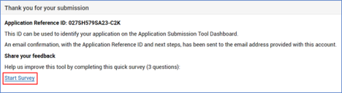 Screenshot of the submission confirmation page indicating the survey link on bottom left of screen
