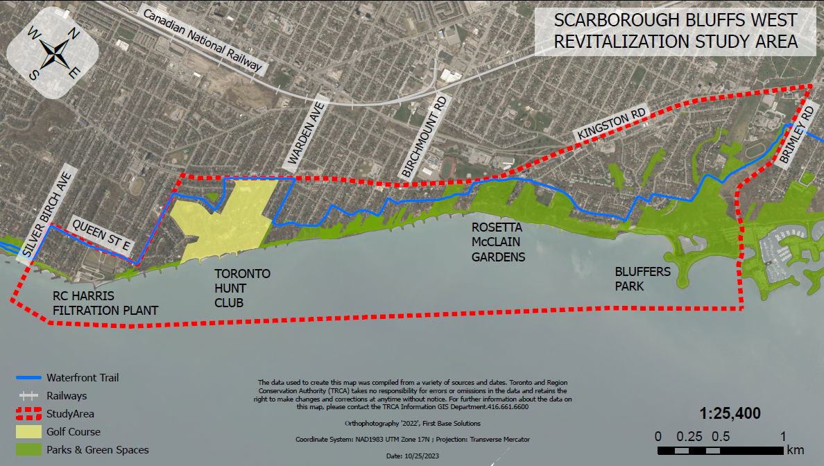 Map showing study area boundaries, existing green spaces and parks, the toronto Hunt Club, and the location of the waterfront trail.