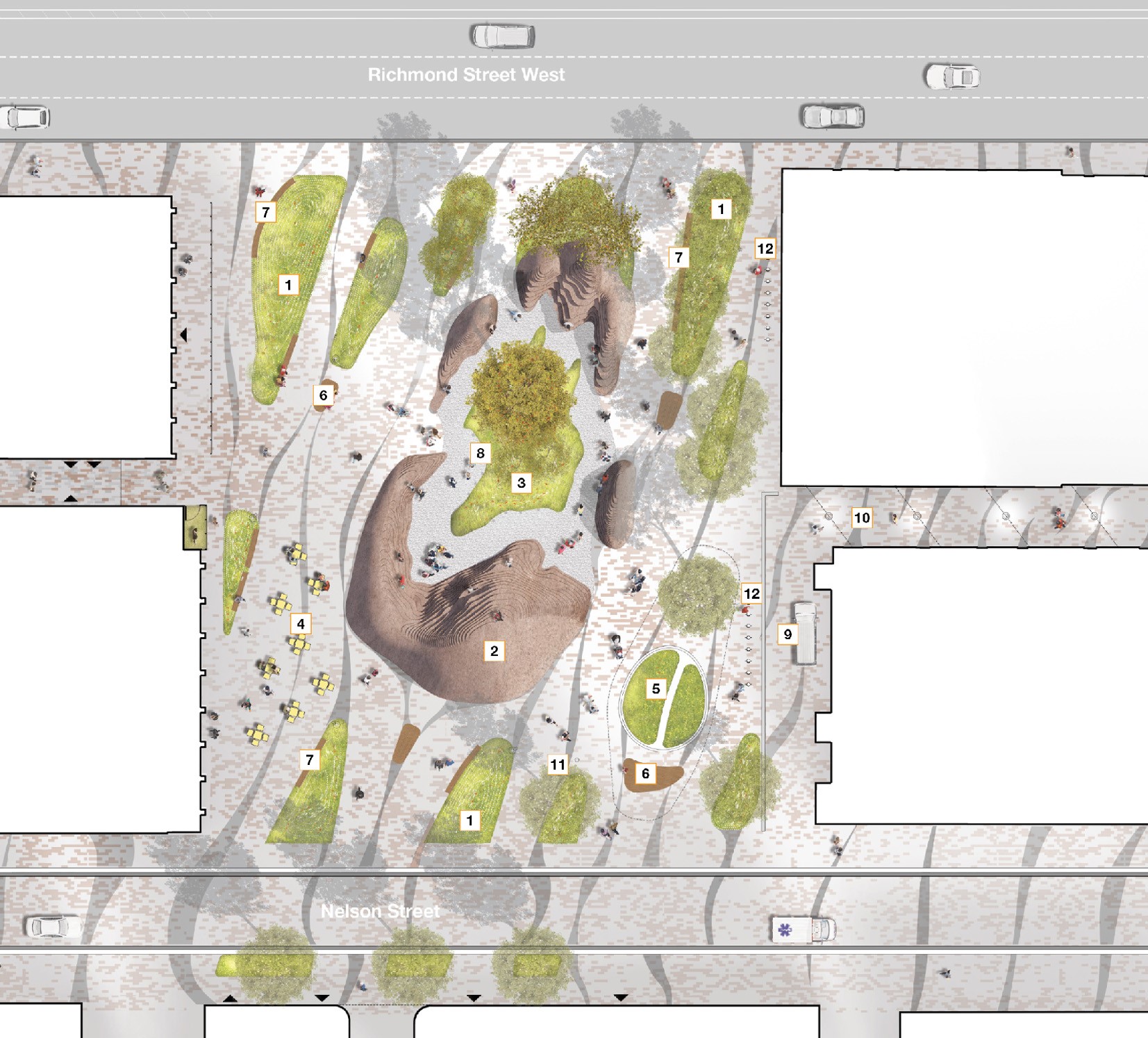 Plan view of proposed design for 229 Richmond Street West. It includes the Open Hand sculpture in the center with a central planting area, planted landforms, seating, in ground misters, permeable pavers, water fountain and bike racks.