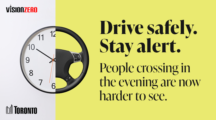 Vision Zero campaign - Half clock and half steering wheel with messaging to drive safely and stay alert