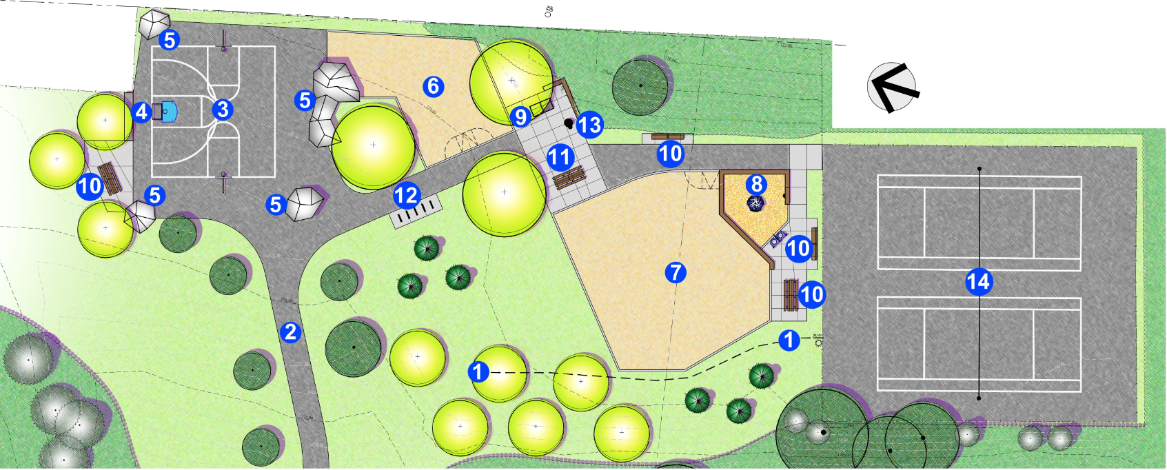 Design Option C for the North Park Improvements includes landscape design that features angular shapes and straight lines. The existing parking pad at the north side of the improvements area has been replaced with a half basketball court with integrated ball hockey goal. The court edges feature sculptural concrete elements that can be used as ‘informal’ skateboard or rollersport features. South of the court is a fitness pod and central seating area that includes a concrete ping-pong table and water bottle filler. There is also a variety of seating options including benches, picnic tables, and concrete seatwalls. South and west of the central seating area is a new playground with a sandbox. South of the playground are the repaved existing tennis courts.