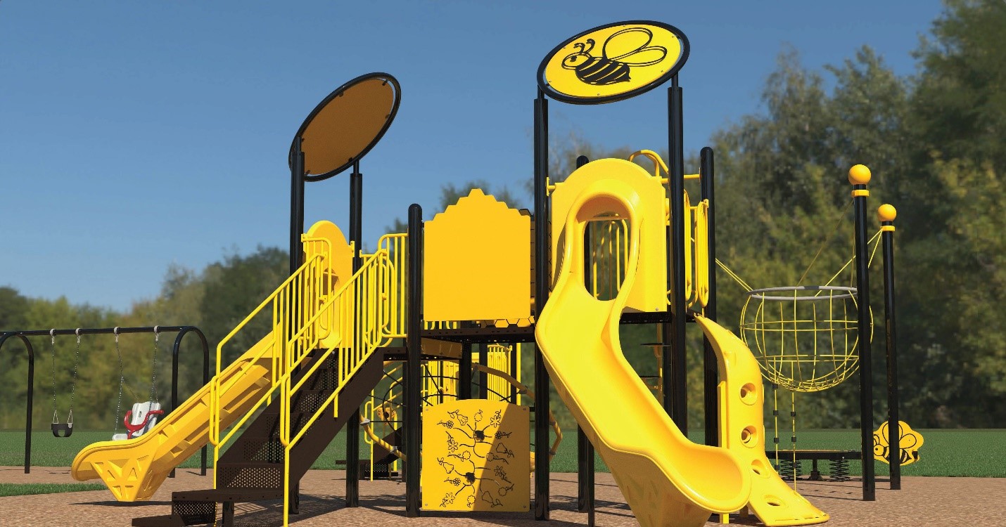 Ground level view of the senior play structure including two slides, a staircase, a play panel, and a stepping sculpture with climbing holds.