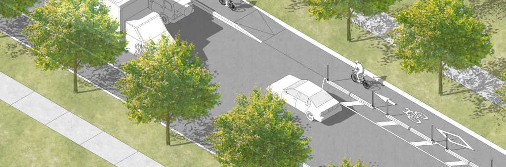 Rendering showing updated road design including sidewalks and cycle tracks