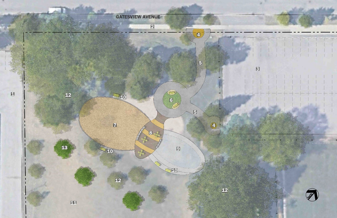 Map showing a proposed playground layout inspired by a bumble bee. The wings are the playground and splash pad, the body is the gather area, the head is the pollinator garden, and the antennae are pathways.