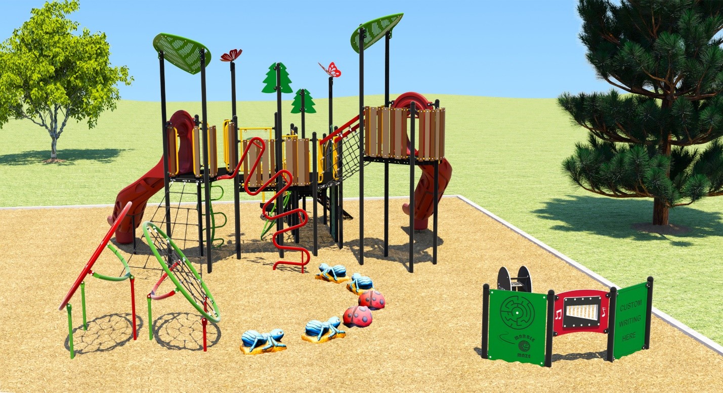 Ground level view of the steppers, play panels, and the combined senior and junior play structure