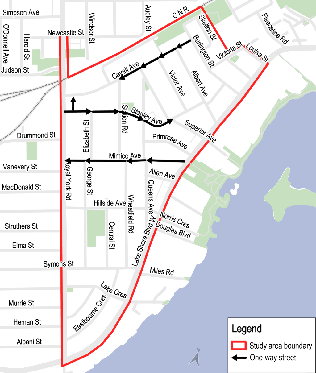 The project area is located between: Newcastle Street and rail corridor to the north, Mimico Creek to the east, Lakeshore Blvd. W. to the south, and Royal York Rd. to the west. 