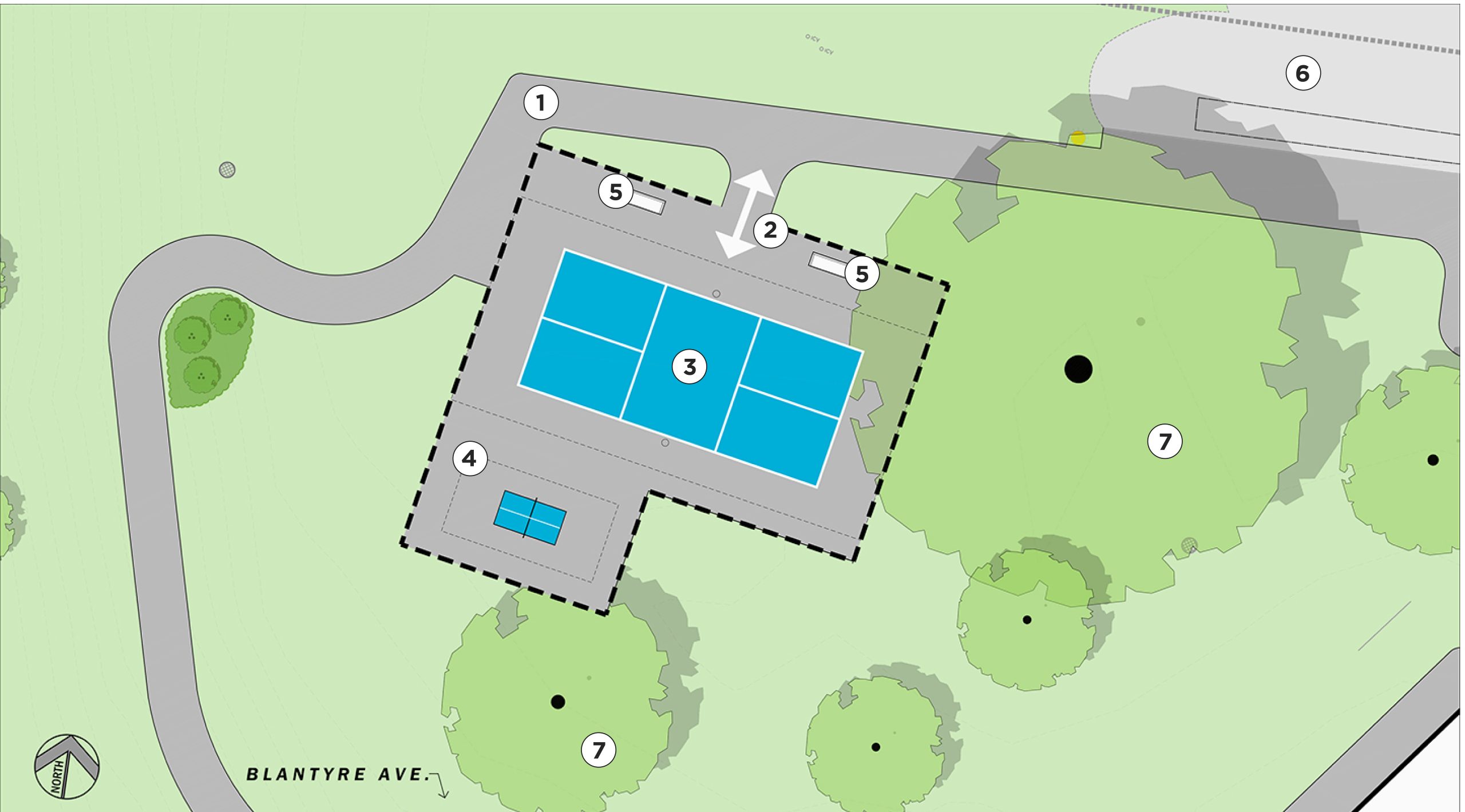 Option 1 for new multi-use play court, featuring a new pickleball court, outdoor ping-pong table and benches. 