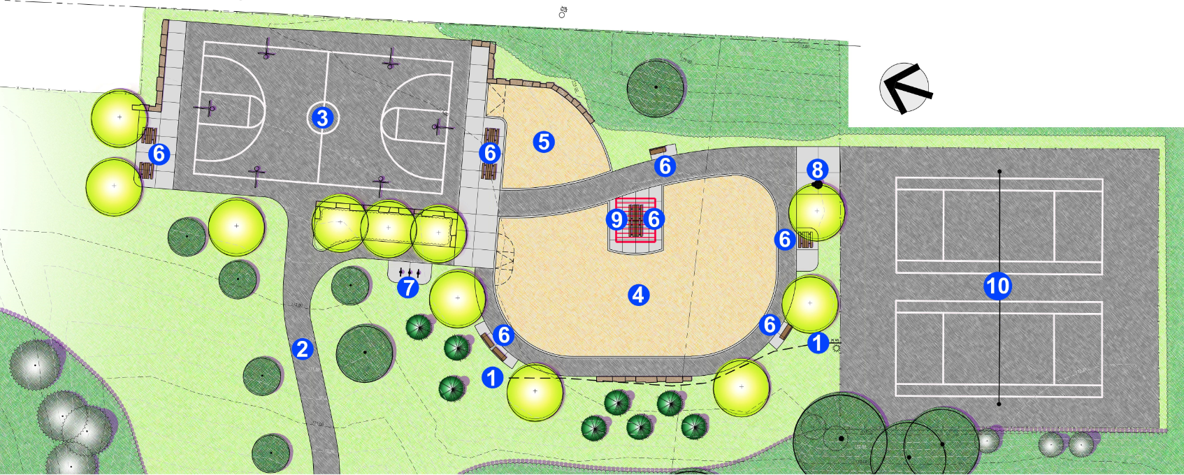 Design Option A for the North Park Improvements includes landscape design that features simple shapes and lines. There are seating areas spread throughout the design, with a variety of seating options including benches, picnic tables, and seat walls. The existing parking pad at the north side of the improvements area has been replaced with a full basketball court with additional hoops on the sides of court. South from the basketball court is a fitness pod and new playground area. There is a large metal shade structure in the playground area which could shade several picnic tables. South of the playground area is a new water bottle filler and the repaved existing tennis courts. 