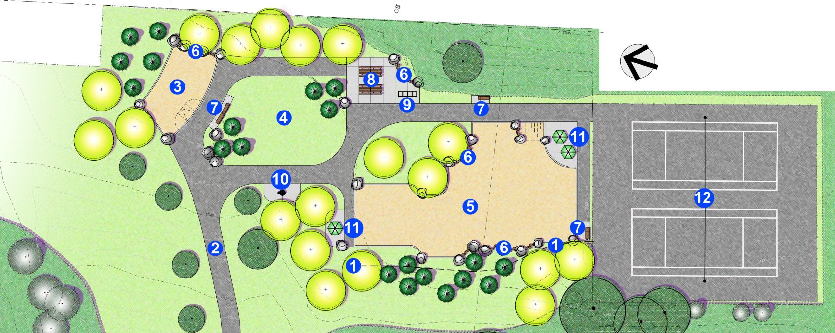 The image shows design option B for the North Park Improvements. The landscape design features non-uniform, organic shapes and lines. The existing parking pad at the north side of the improvements area has been replaced with a fitness pod and an open green for passive recreation. West of the open green is a new water bottle filler. Moving south through the open green there is a central seating area featuring metal patio sets with shade umbrellas. There are also smaller seating options spread throughout the design. South of the seating area is a new playground and the repaved existing tennis courts. 