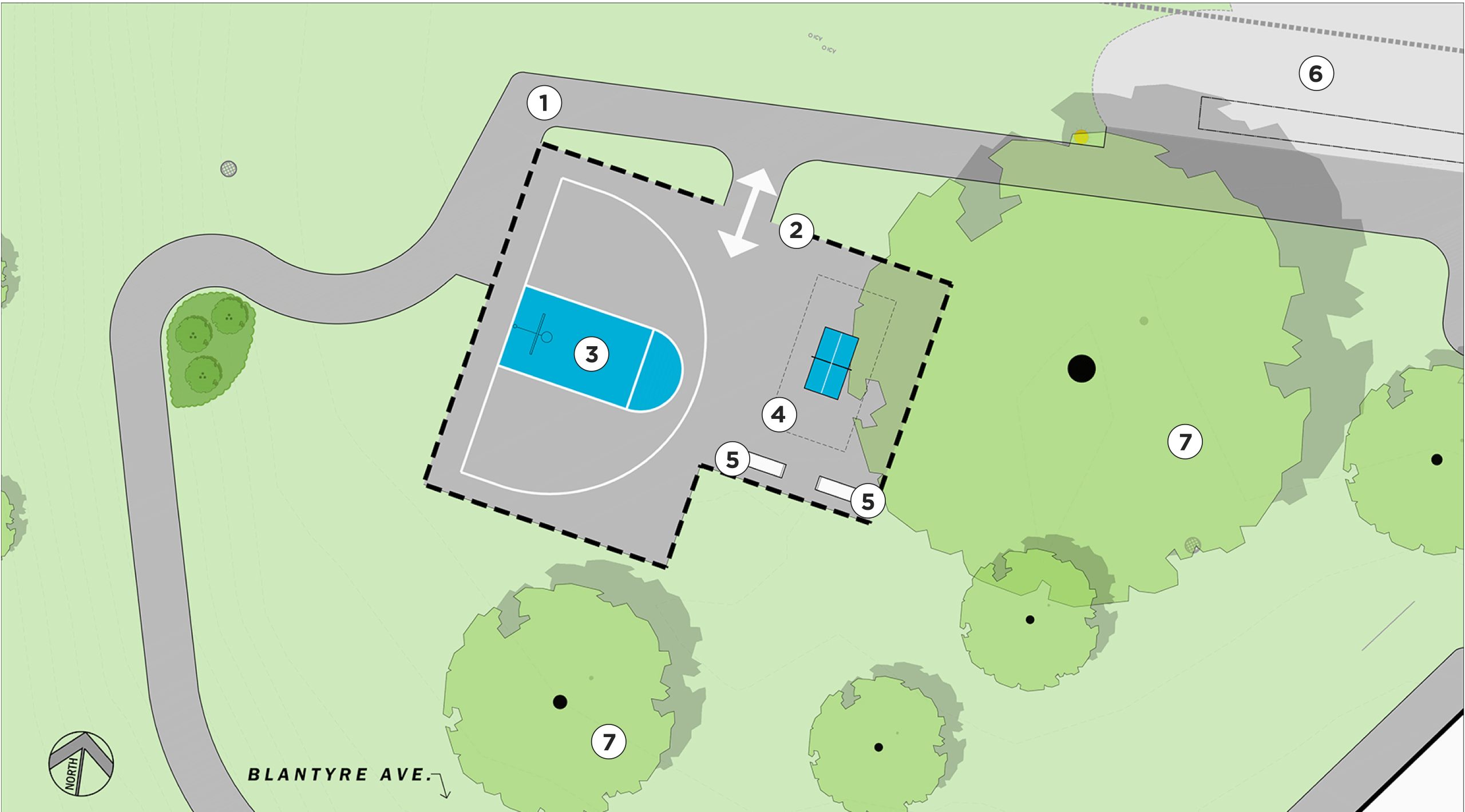 Option 2 for new multi-use play court, featuring a new basketball court (half-size court), outdoor ping-pong table and benches. 