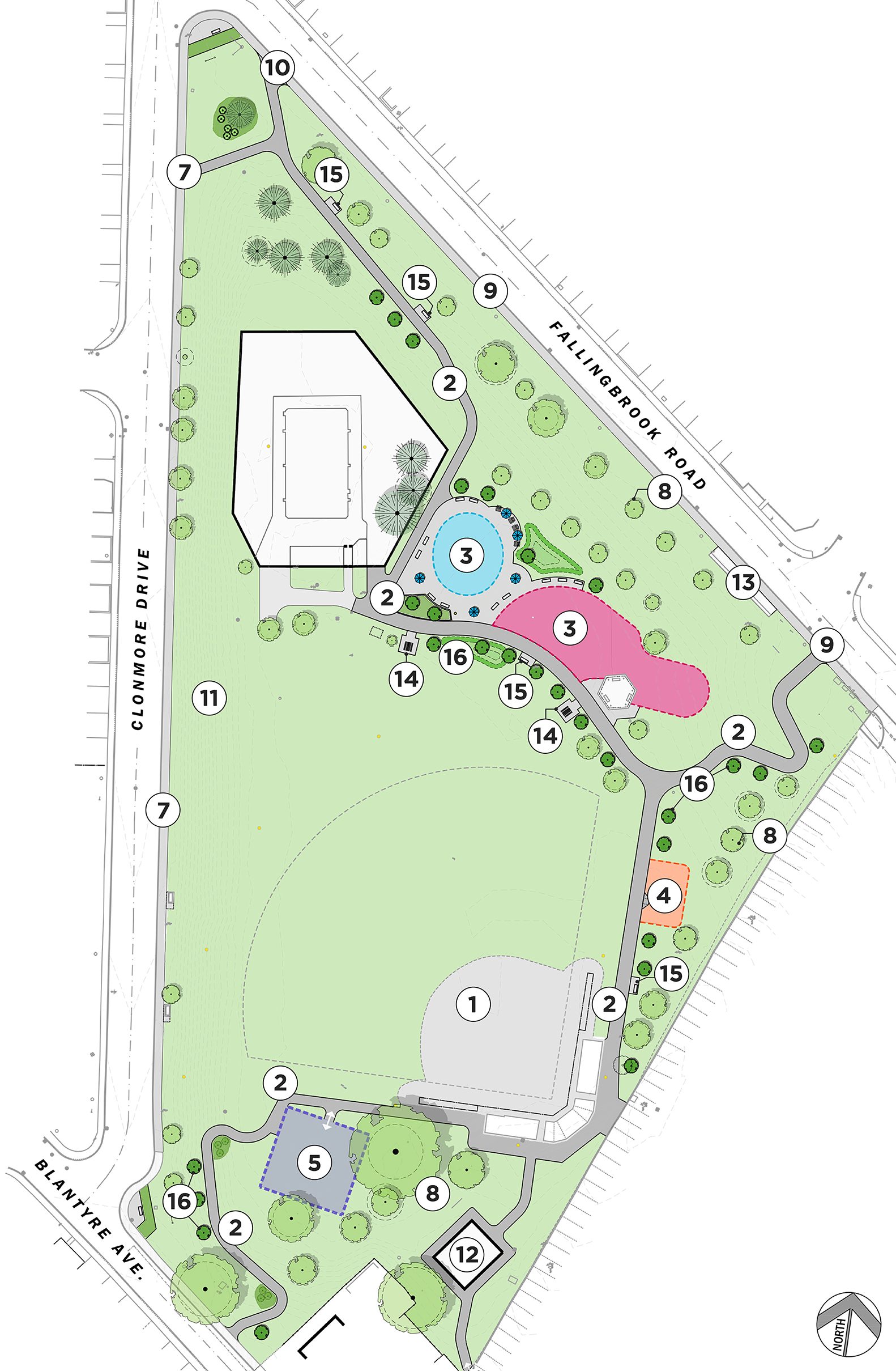Preferred design for Blantyre Park showing proposed improvements throughout the park including new asphalt pathways, sidewalks at Clonmore Drive and Fallingbrook Road, splash pad, playground, seating areas, adult fitness area and tree planting.