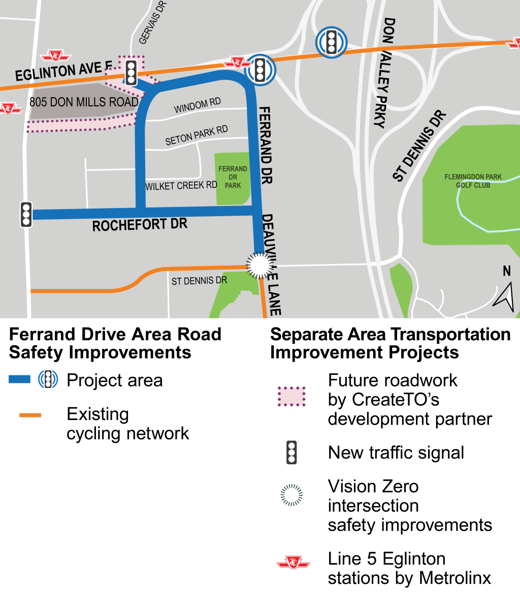 The project area is identified in blue, and includes Ferrand Drive, Rochefort Drive, Deauville Lane (from Rochefort Drive to St. Dennis Drive)