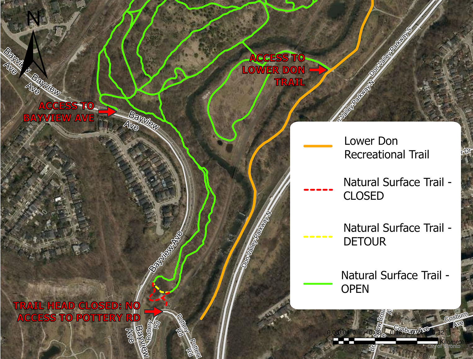 Map of the southern area of the Crothers Woods trail network and the project site. Map shows that there is a temporary trail detour around the project site, but no access to or from Pottery Road. Alternative trail access points are shown on Bayview Avenue and from the Lower Don Trail.