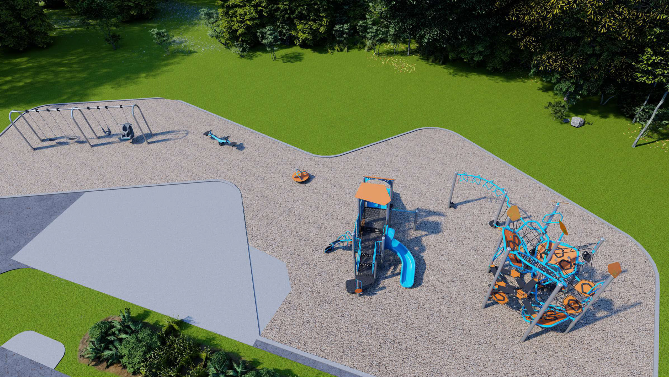 The rendering of playground Design C. From left to right: swings, teeter-totter, spinner toy, junior play structure, senior climbing structure. Design is further described following the image.