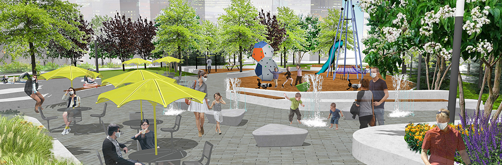 Artist rendering of view looking south from entrance plaza area, including various planter seat walls and garden elements with trees, water play, and people generally using the park.