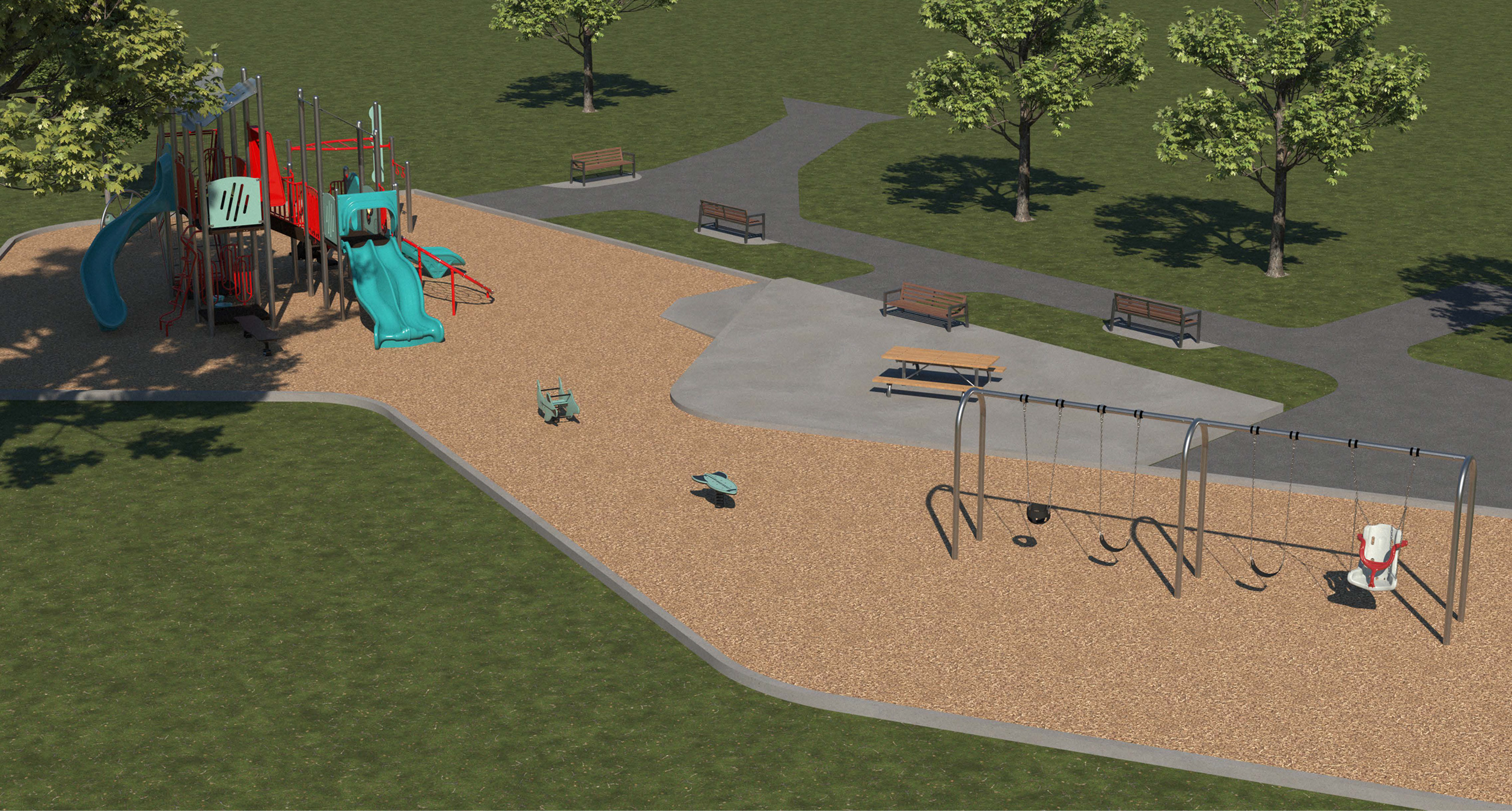A rendering of playground Design B. From left to right, combined play structure, sit-down toy, surfboard motion toy, swings. Climbing equipment and a picnic table are also displayed. Design is further described following the image.