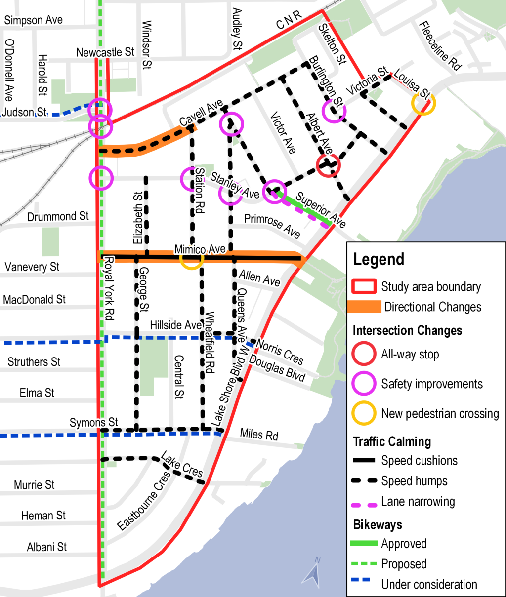 Map showing recommendations for the Mimico Neighbourhood Mobility Plan including intersection improvements & new pedestrian crossings; speed humps to address excessive speeding & make local routes less attractive for through trips; directional changes to discourage through trips on local streets; proposed bikeway improvements on Royal York Road; and implementation of bikeway improvements on Superior Avenue.
