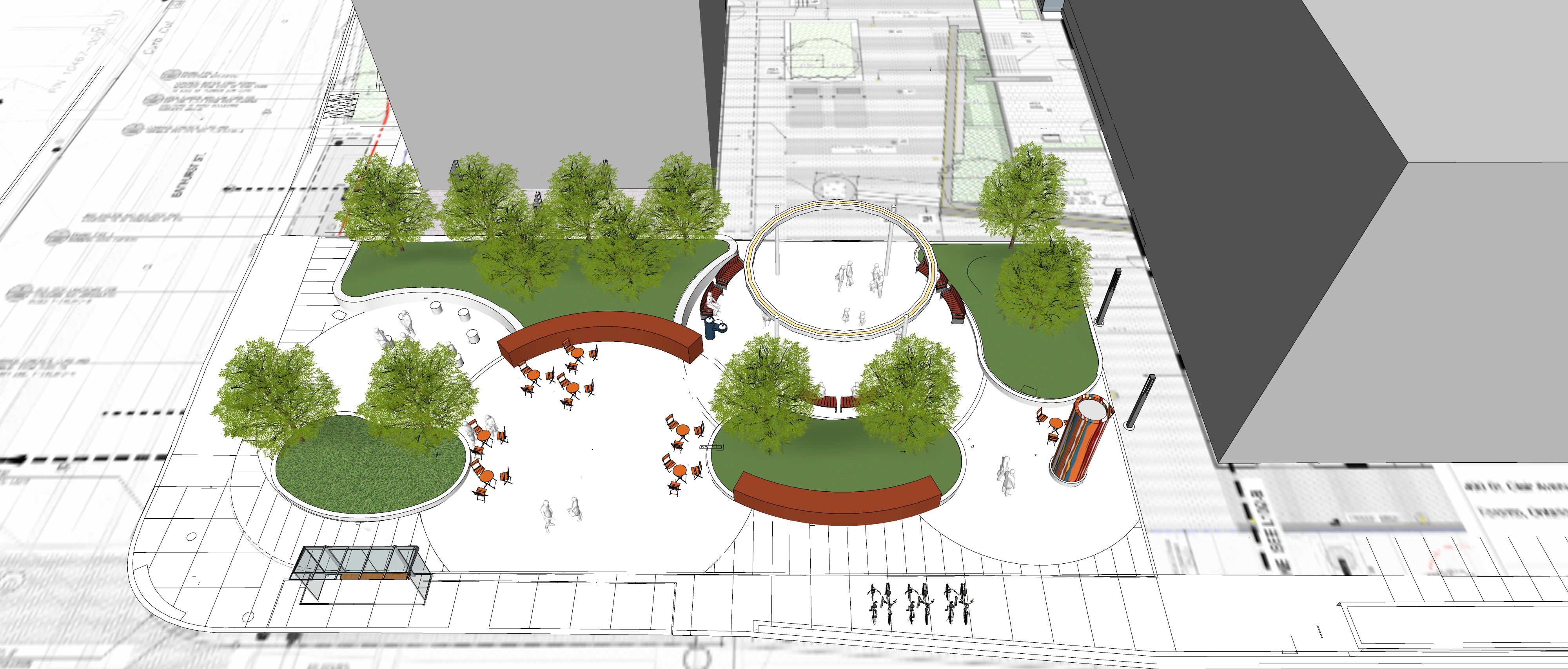 Aerial image of proposed park from the south looking north. The view highlights the public park connection, toward the north to the proposed P.O.P.S and the design expression of the four circular open spaces.