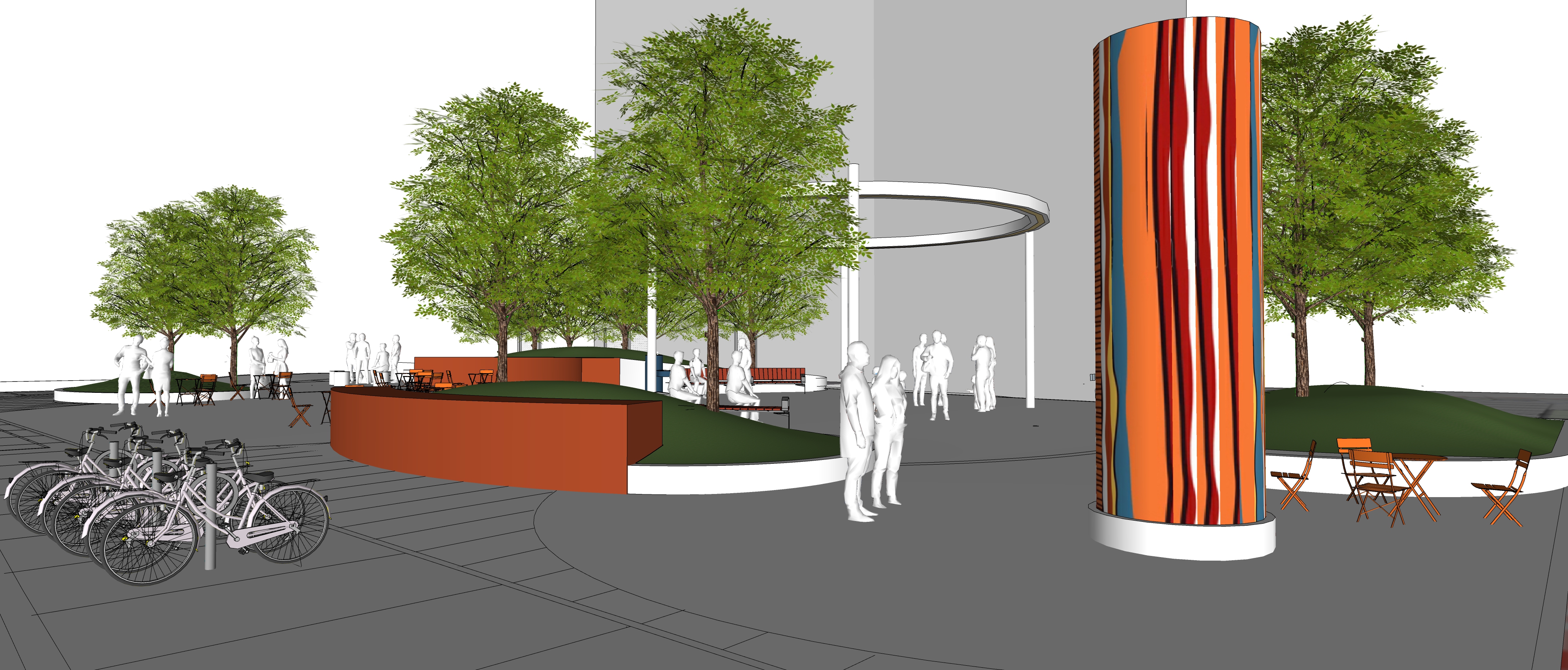 View from the South–East entrance (along St. Clair Ave. W. frontage) of the proposed park looking through the circular open spaces. As a prominent point of entrance, the east entrance is marked with a structural column with colours, and imaging to be selected that are reflective of the Indigenous community.