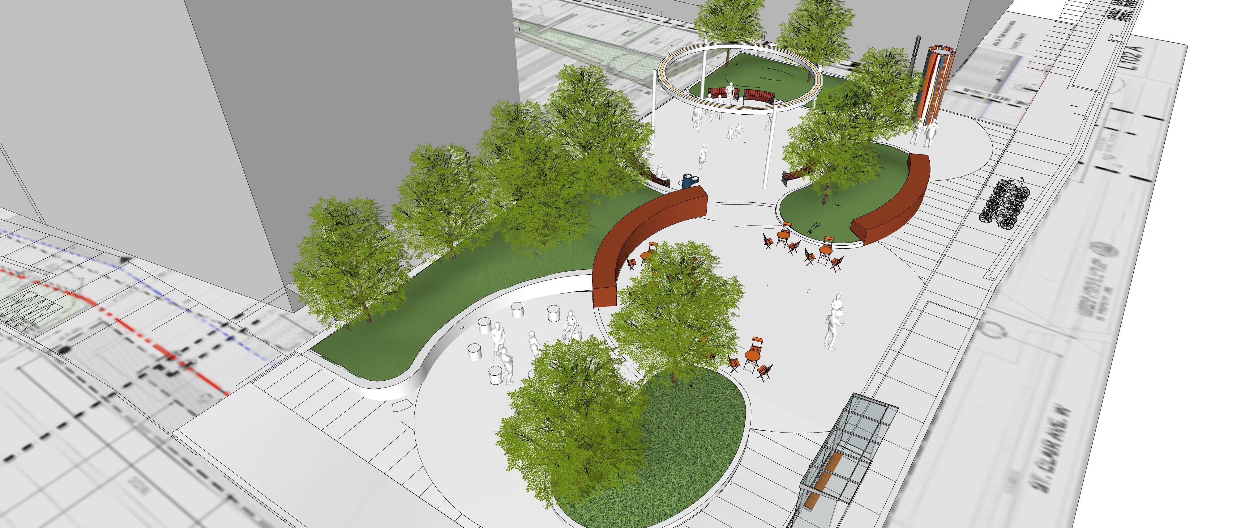 Aerial image of proposed park from the south/west looking north/east. The view highlights the interaction and connection of the corner park to St. Clair Ave. West (right) and Bathurst St. (left). The flow through the circular spaces allows for multiple entry points and visibility to and from the park.