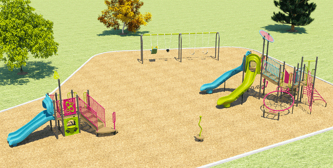 A rendering of playground Design A for the Chartland Playground improvements, looking from the northwest corner. In the foreground, there is a small individual play piece. To the east, you can see the senior play structure, and to the west, there is the junior play structure with the swing set in the background. 