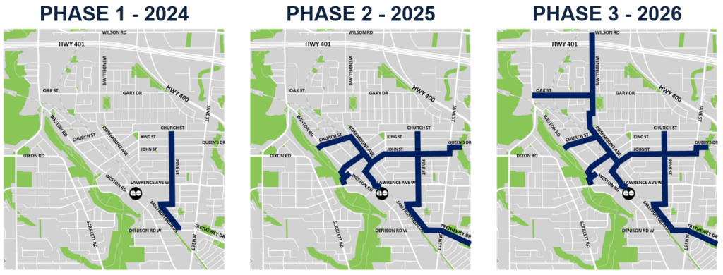 Three maps showing Weston Cycling Connections routes for Phases 1, 2, and 3
