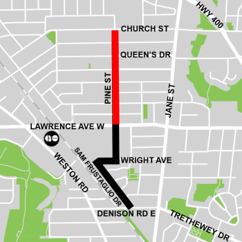 Map of Weston Cycling Connections project area, highlighting proposed Phase 1 cycling facilities along Pine Street from Lawrence Avenue West to Church Street