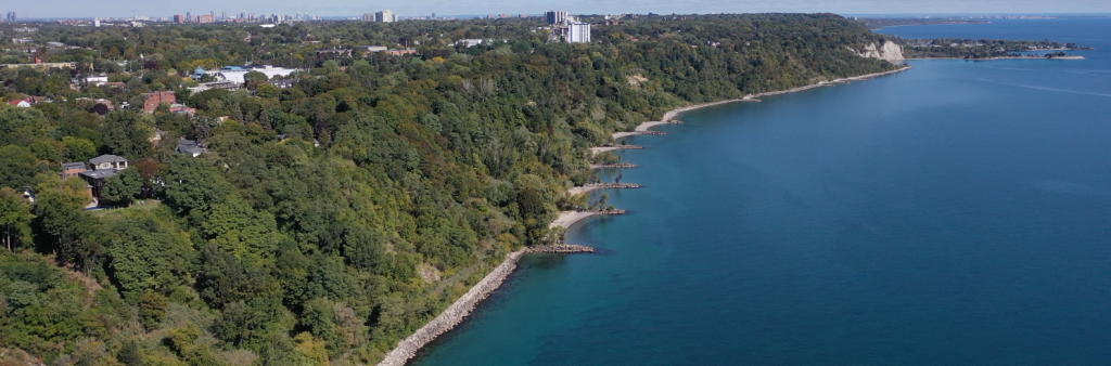 Arial view of Scarborough Bluffs West study area from Kingsbury Crescent to Bluffers Park, looking east