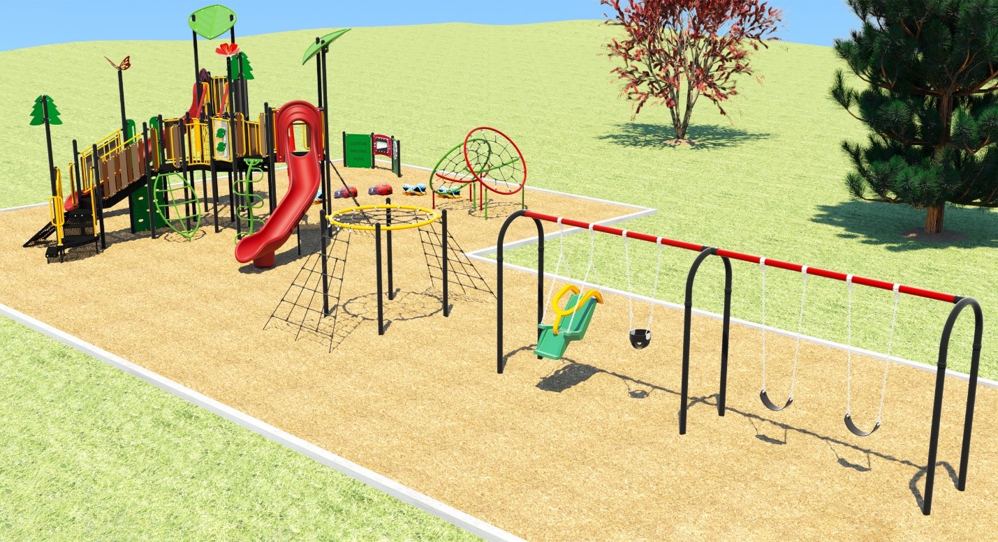 Bird's-eye view of the playground, including all of the features listed below, with the swing sets at one end, a combined senior and junior play structure at the other end, and a rope net climber in between. The playground features a red, green and brown colour scheme, and the play elements listed below.