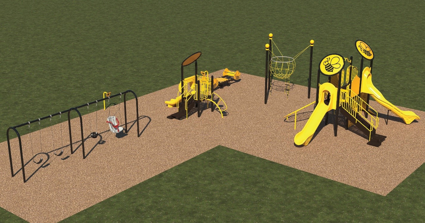 Bird's-eye view of the playground, with the swing sets at one end, the senior play structure at the other end, and the junior play structure in between. The playground features a yellow and black colour scheme, thematic elements with bee imagery, and the play elements listed below.