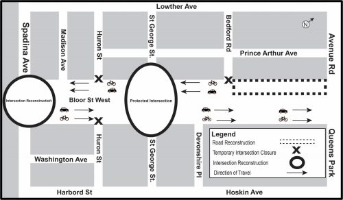 Map of work area along Bloor Street West between Avenue Road to Spadina Avenue on north side for Phase 4. Please contact Mark De Miglio at 416 395 7178 or mark.demiglio@toronto.ca for more information.