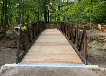 A wooden bridge with railings over a creek. Trees are seen in the background and around the creek's bank. 