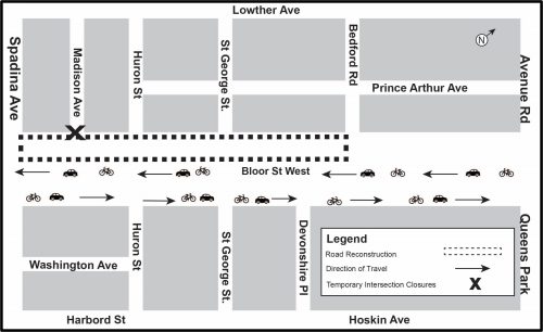 Map of work area along Bloor Street West between Avenue Road to Spadina Avenue on north side for Phase 4. Please contact Mark De Miglio at 416 395 7178 or mark.demiglio@toronto.ca for more information.