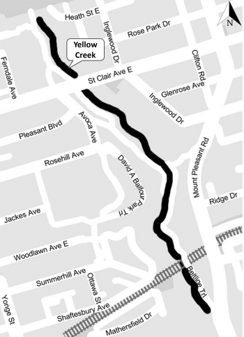 Map illustrating Yellow Creek with a solid black line running from the north to the south as described below.