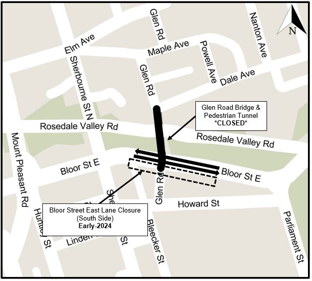 Map of Work area, indicating lane closures and shared travel lanes. Please contact Nathalie Forde at Nathalie.Forde@toronto.ca for more information.