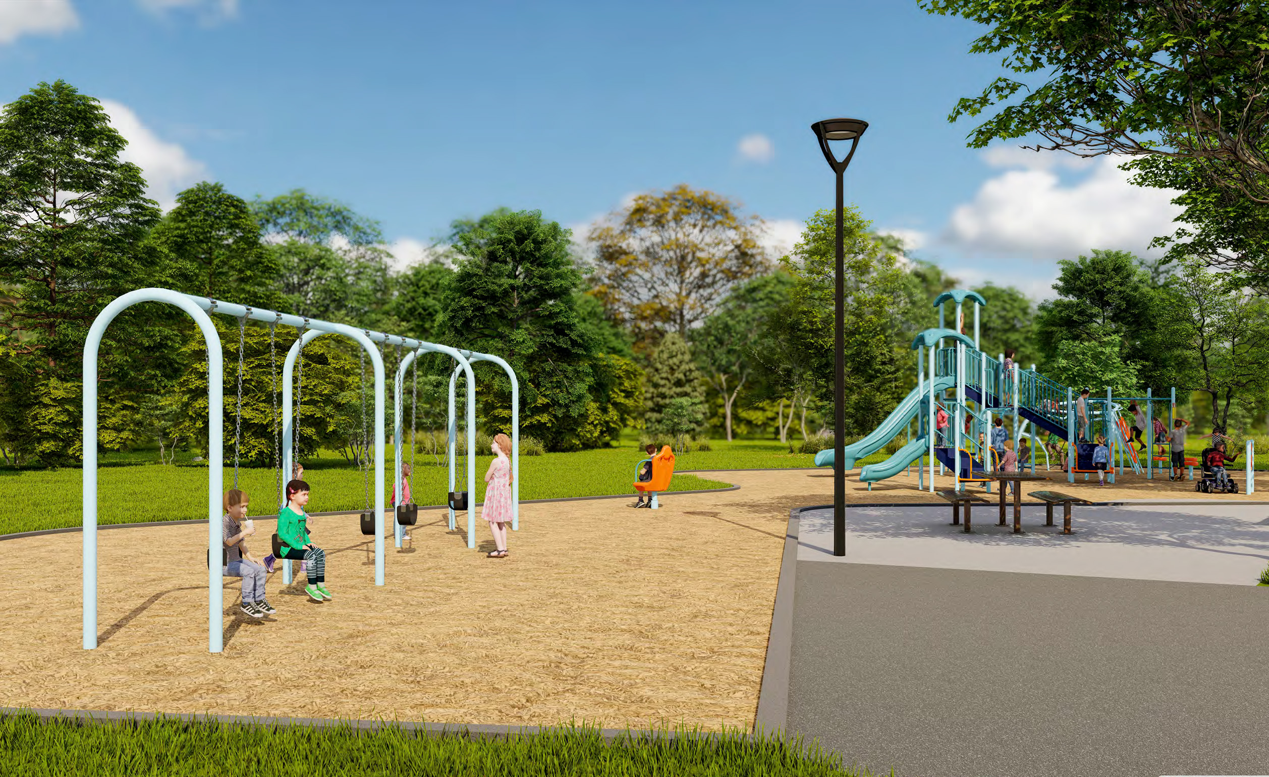 A rendering of playground Design A. From left to right: swings, spinner seat, junior play structure, senior play structure. There is a picnic table displayed. Design is further described following the image.