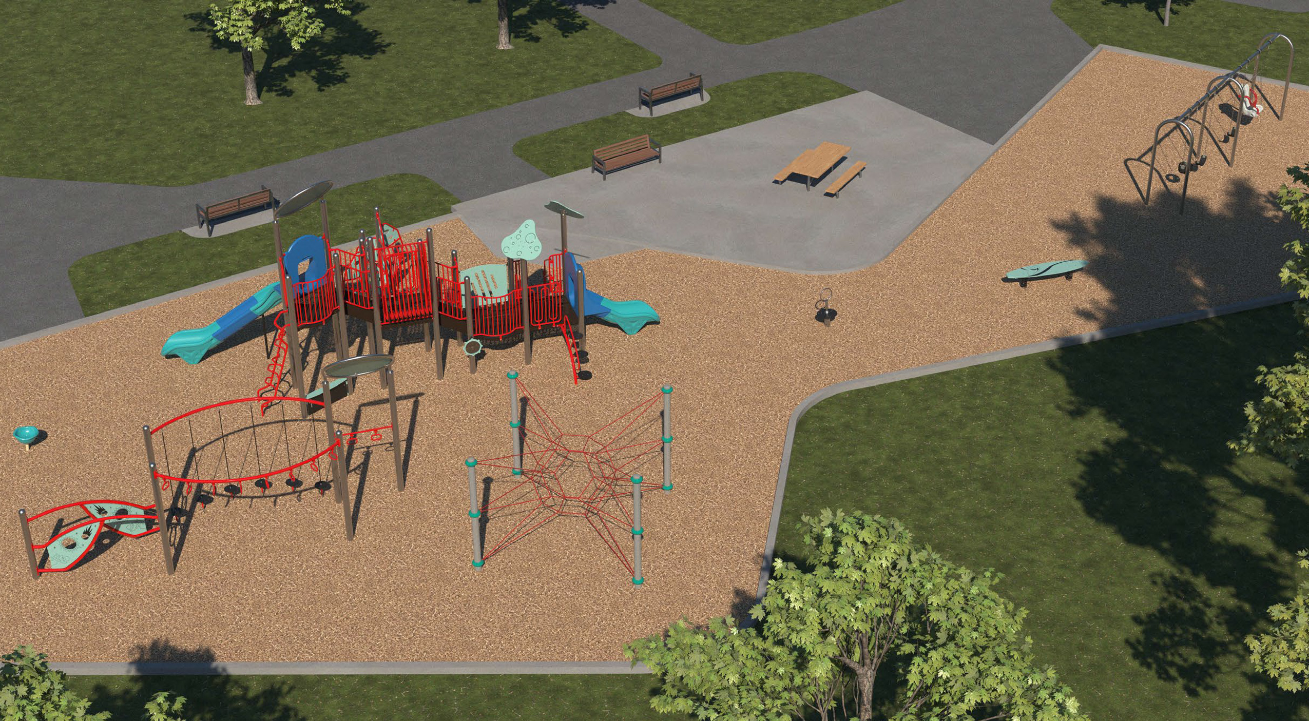 A rendering of playground Design D. From left to right: spinner toy, climbing structure, combined play structure, another climbing structure, spinner toy, surfboard toy, swings. A picnic table is displayed. Design is further described following the image.