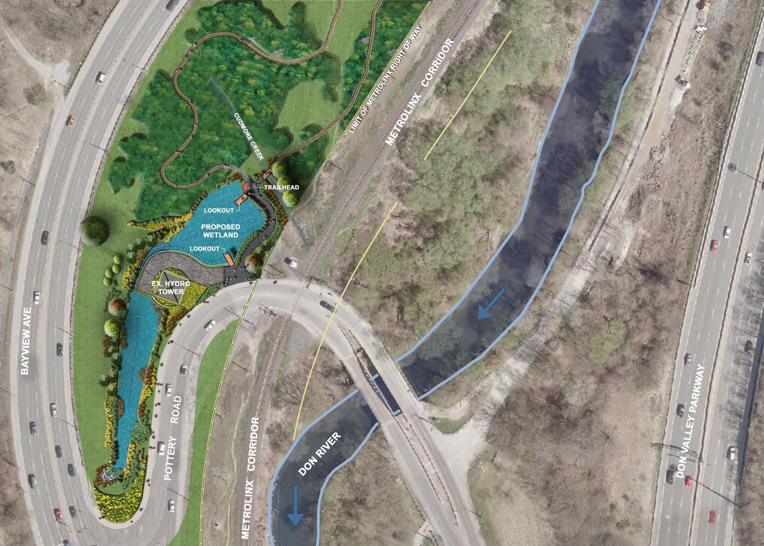 Aerial landscape plan drawing of the new Cudmore Creek Wetland and Trailhead design. This plan shows the new layout and location of various elements, including trail connections, lookouts, wetland areas, signage, and utilities access.
