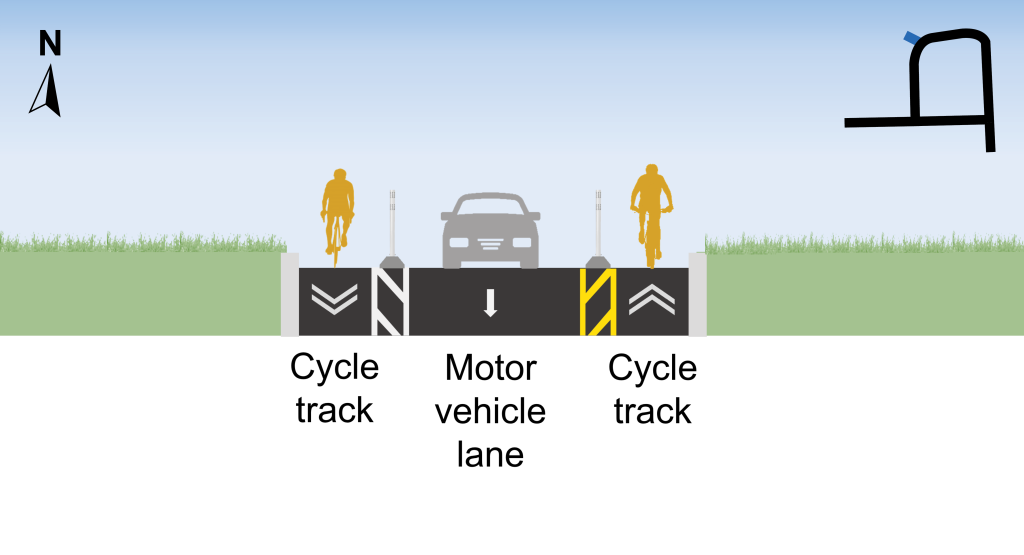 The approved changes on the Ferrand Drive ramp, facing east (from left to right): bike lane, flexible bollards and precast concrete curb separation, motor vehicle lane and contra-flow bike lane.